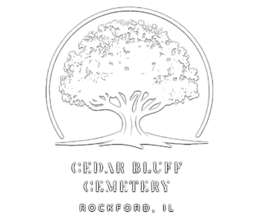 Logo for Cedar Bluff Cemetery, Rockford, IL: tree within a circle, text below.