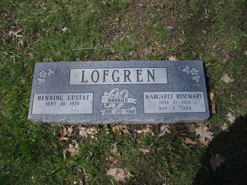 Headstone of Henning Gustaf and Margaret Rose Mary Lofgren in a grassy cemetery.