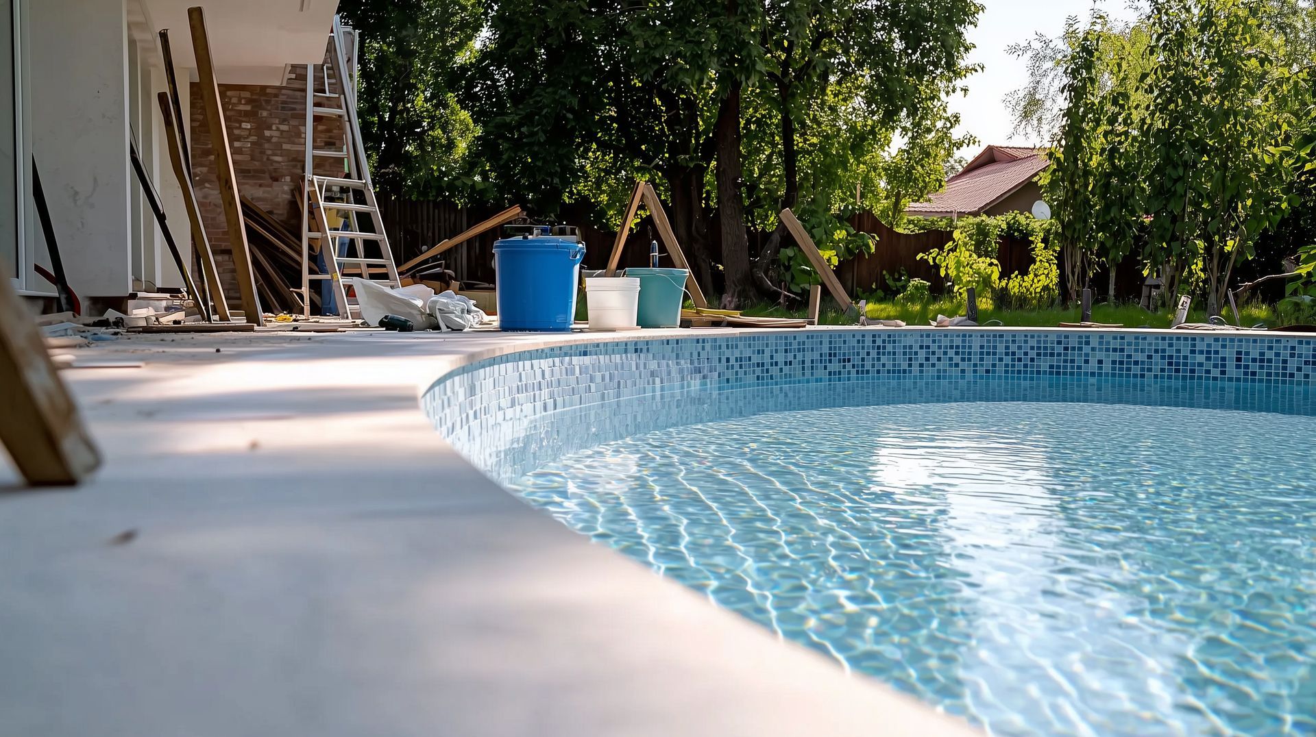Backyard swimming pool renovation services featuring blue mosaic tile installation and new patio.
