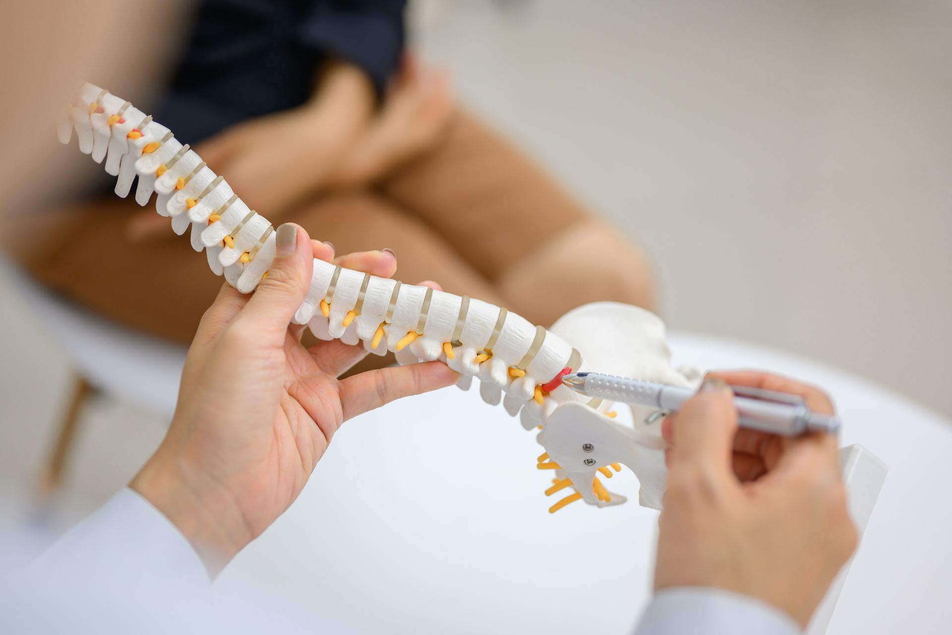 A doctor points to a spine model while consulting with a patient seated nearby.
