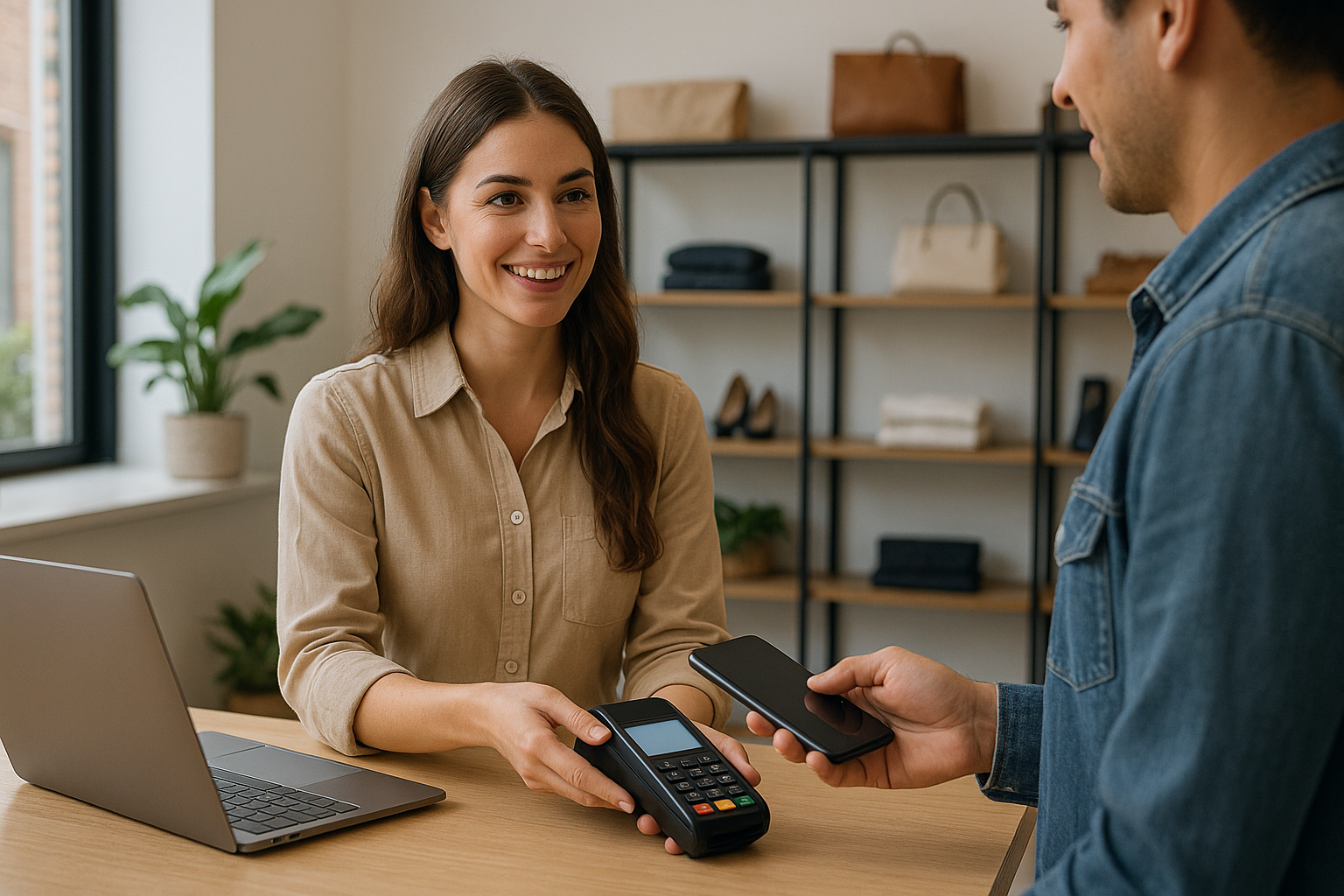 Woman smiles, assisting a customer paying with a phone at a counter with a card reader and laptop.