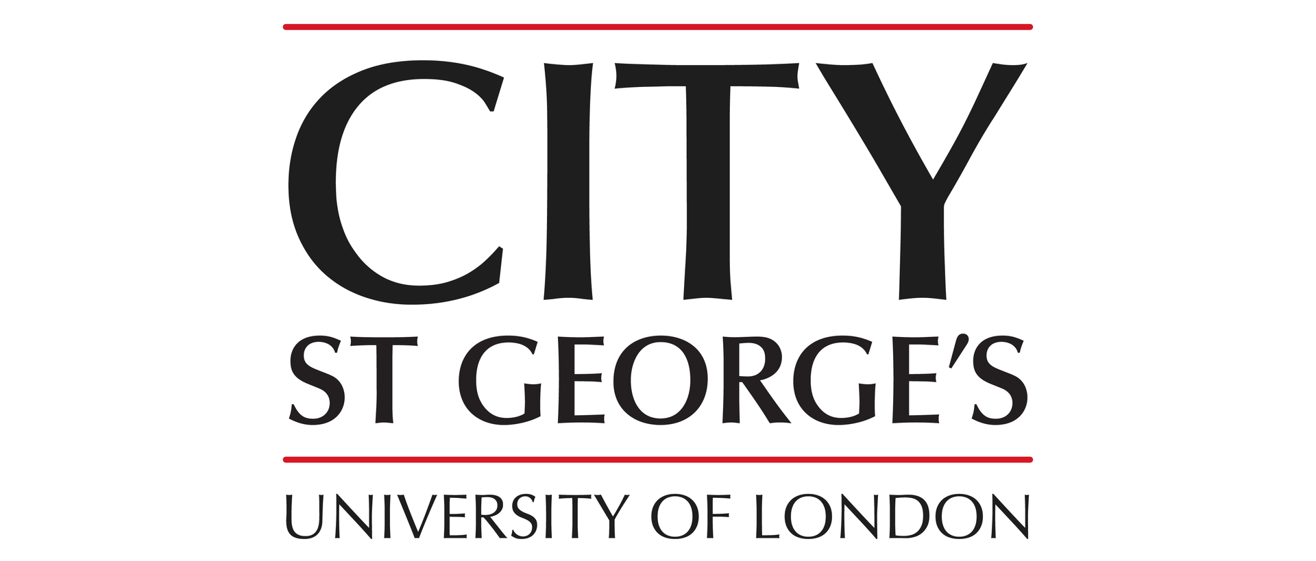 Logo for City, St George's, University of London, dark text on white, with red lines above the word 