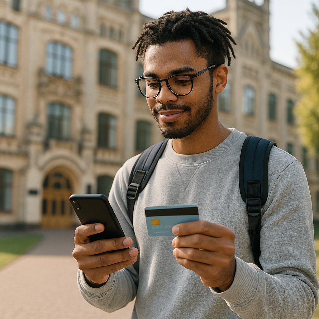 Young man with glasses, backpack, holding phone and credit card in front of a university building.