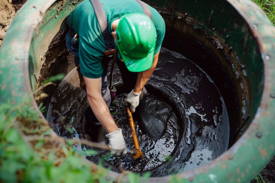 A man is cleaning a septic tank with a shovel.