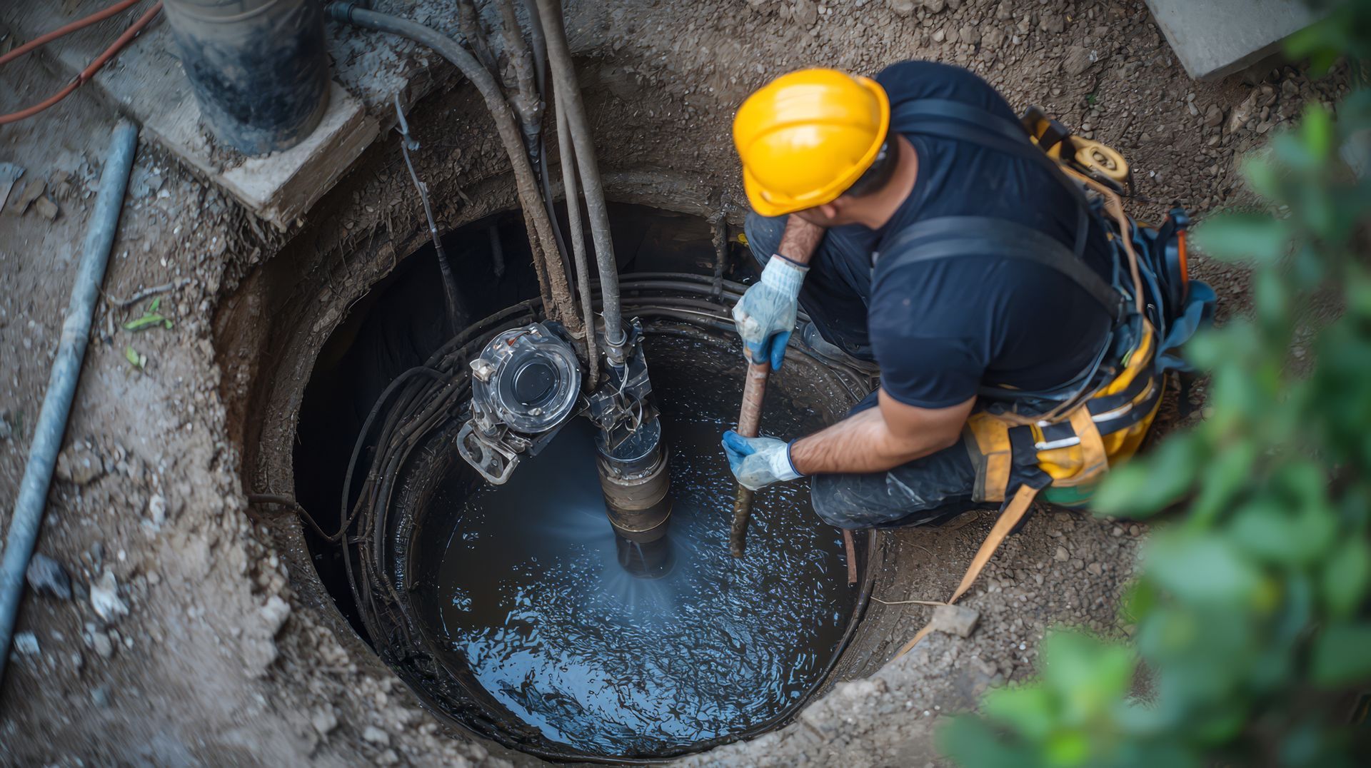 A man is kneeling in the dirt cleaning a manhole.
