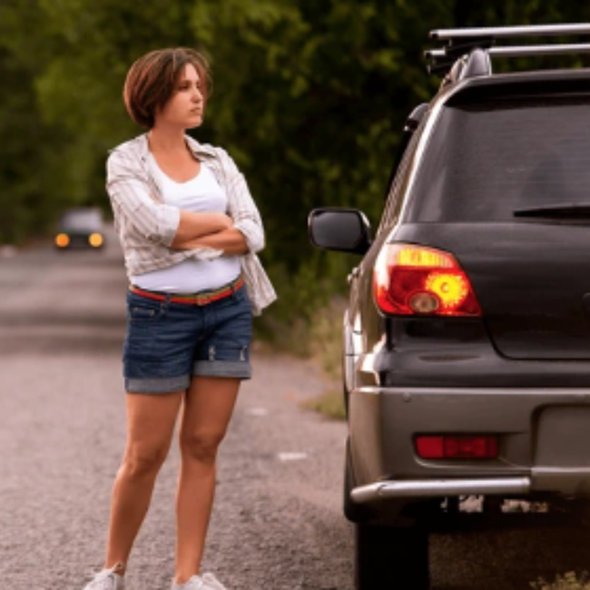 una mujer está parada junto a un automóvil al costado de la carretera