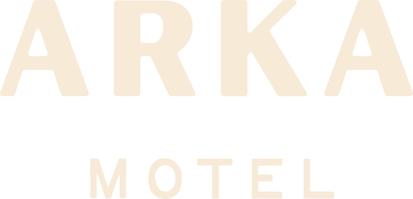 The logo for the arka motel is a white background with the letters arka motel.