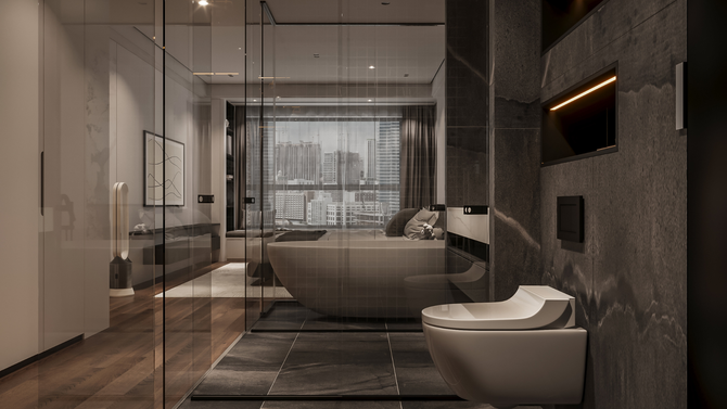 A modern luxury bathroom with a glass-enclosed shower, a freestanding bathtub, and a wall-mounted toilet.