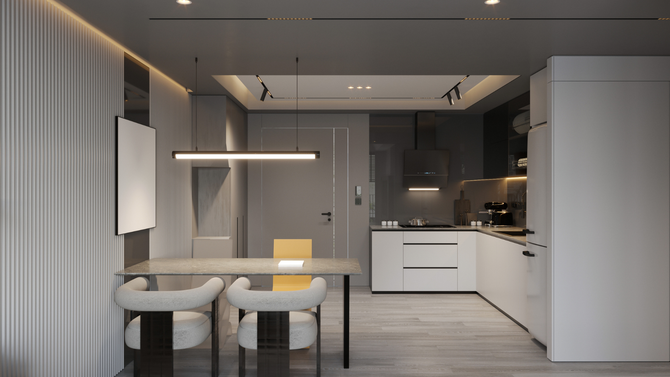 Modern kitchen and dining area with white cabinetry, light wood flooring, and two cream chairs at a sleek dining table.
