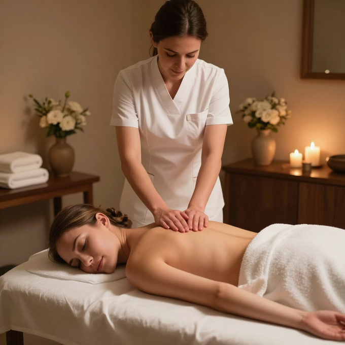 Masajista dando un masaje de espalda en una sala de spa con velas y flores.
