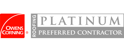 Owens Corning Platinum Preferred Contractor logo. Red square with white swoosh, gray text on gray rectangle.