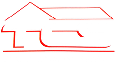 Red line drawing of a house combined with abstract shapes.