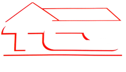 Red line drawing of a house combined with abstract shapes.