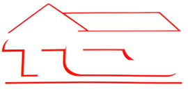 Red line drawing of a house combined with abstract shapes.