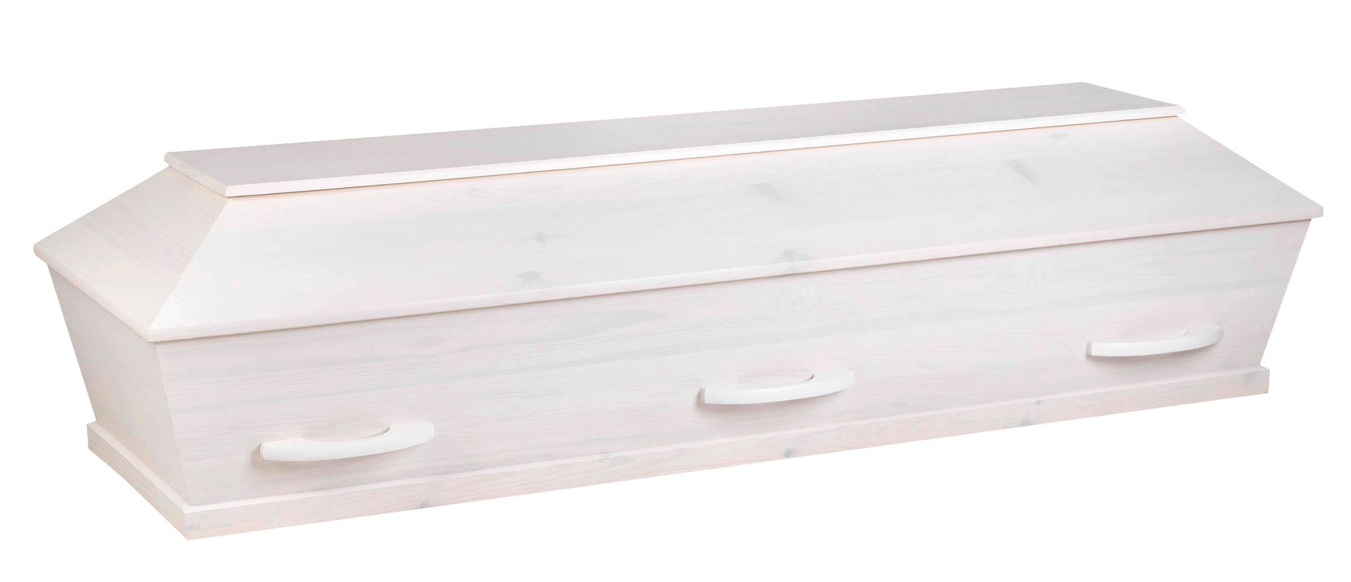 White casket with side handles, angled lid.