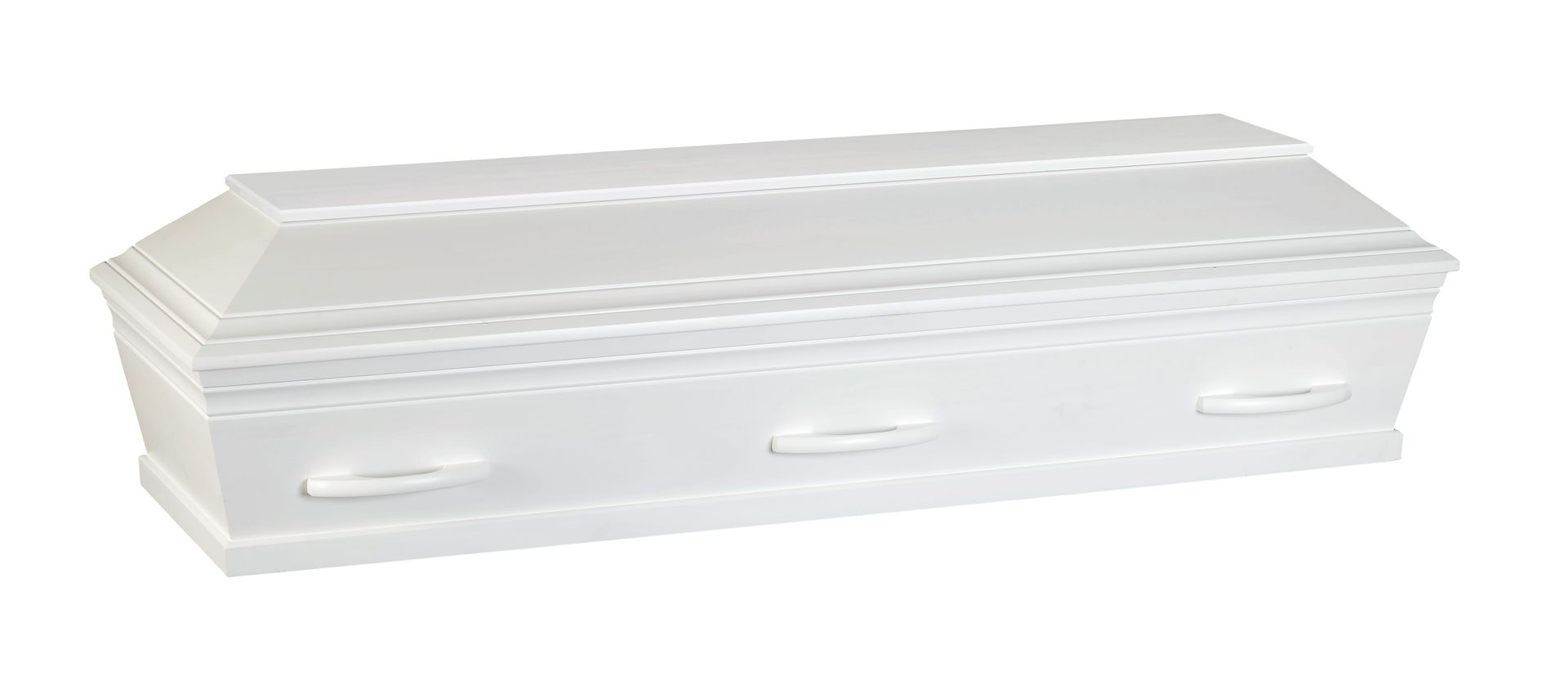 White closed coffin with handles.