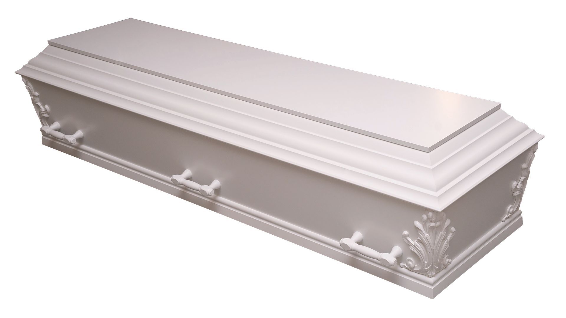 White casket with handles.