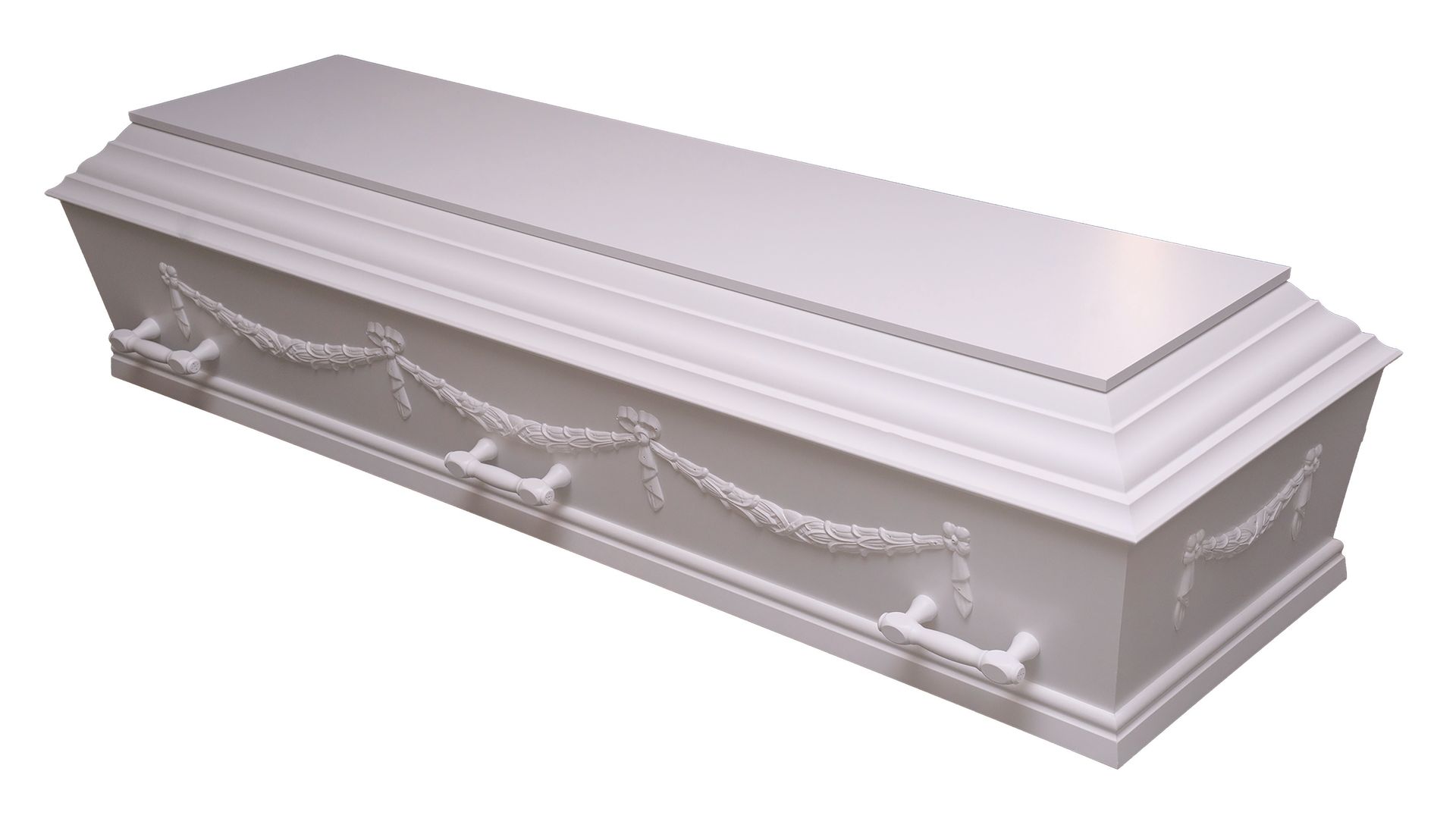 White closed casket with decorative rope garland and handles.