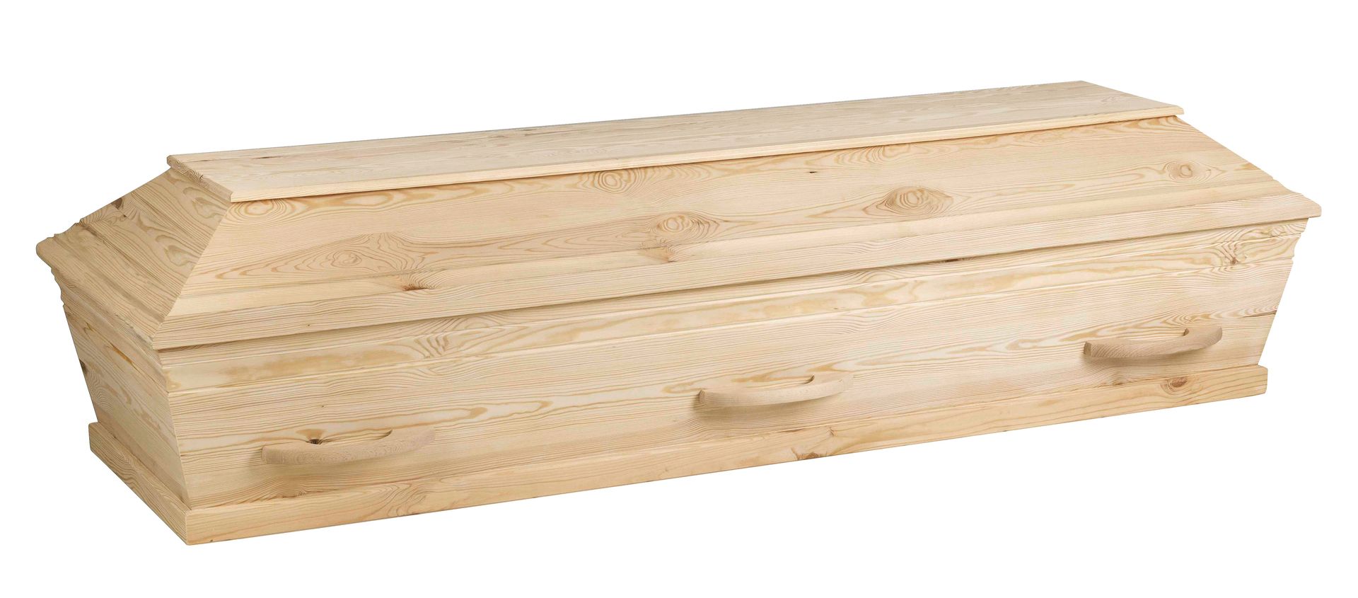 White closed casket with decorative rope garland and handles.