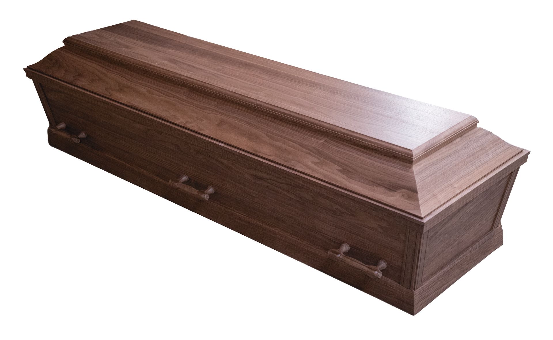 Pink coffin with handles, viewed at an angle.