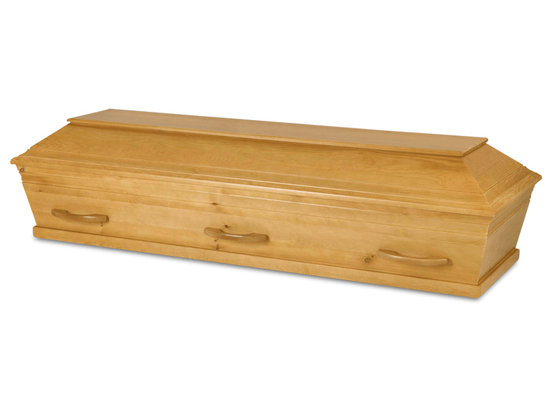 Wooden casket with handles, closed.