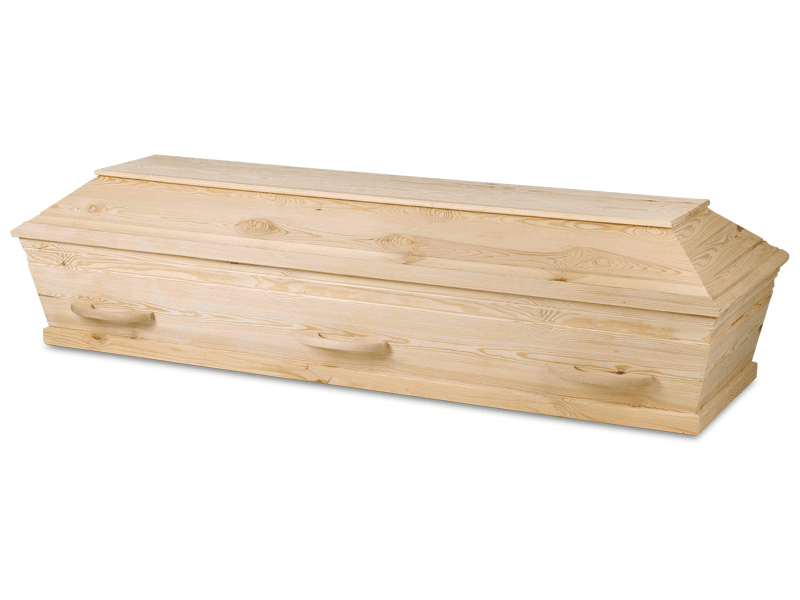 Light wood coffin with handles.