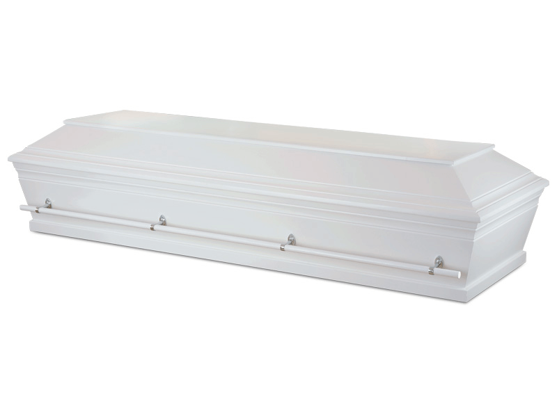 White coffin with side handles.