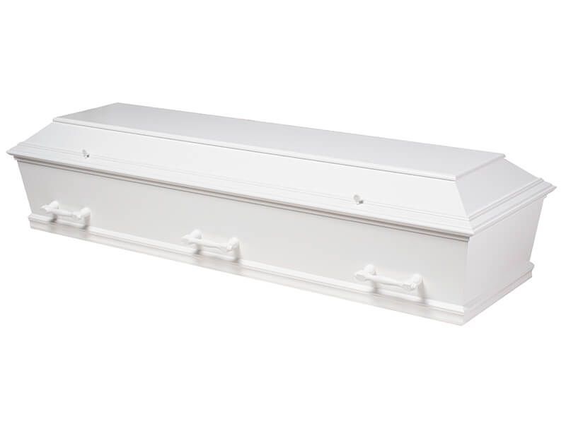 White casket with side handles, angled lid.