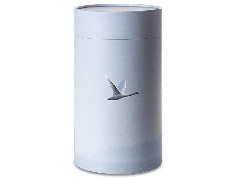 Pale blue cylindrical urn with a flying swan illustration.