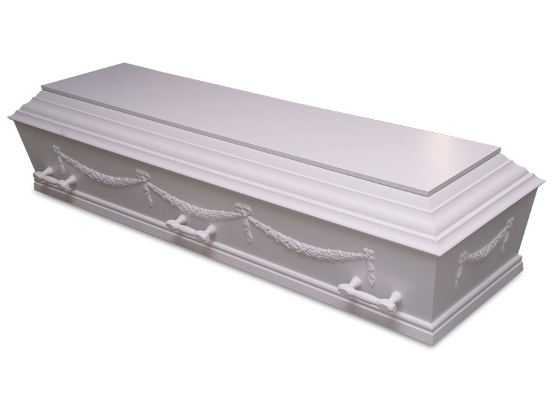 White closed casket with decorative rope garland and handles.