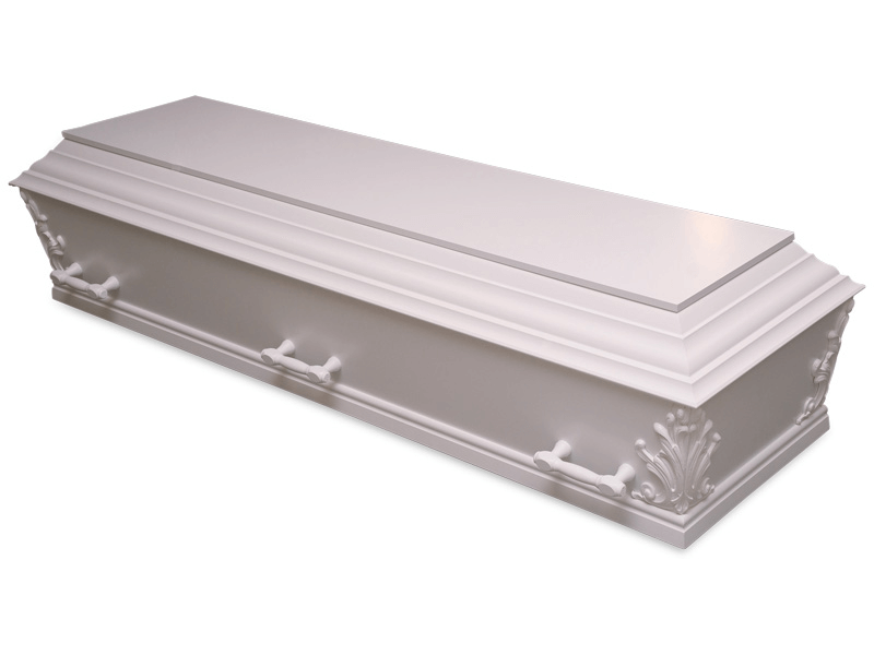 White casket with handles.