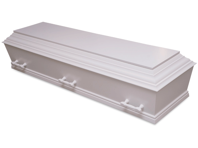 White closed coffin with handles.