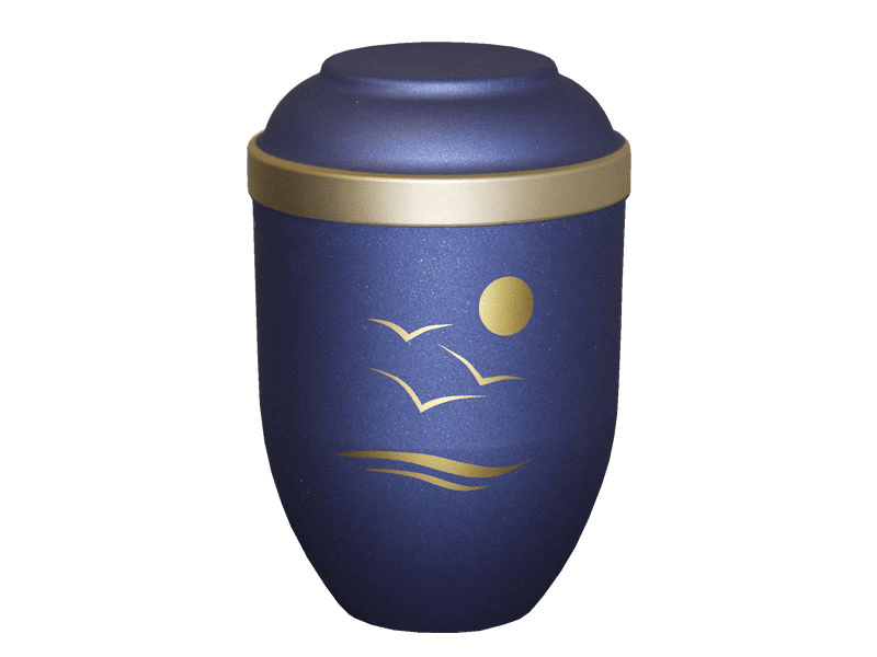 Blue cremation urn with gold accents, featuring a sun, waves, and flying birds.