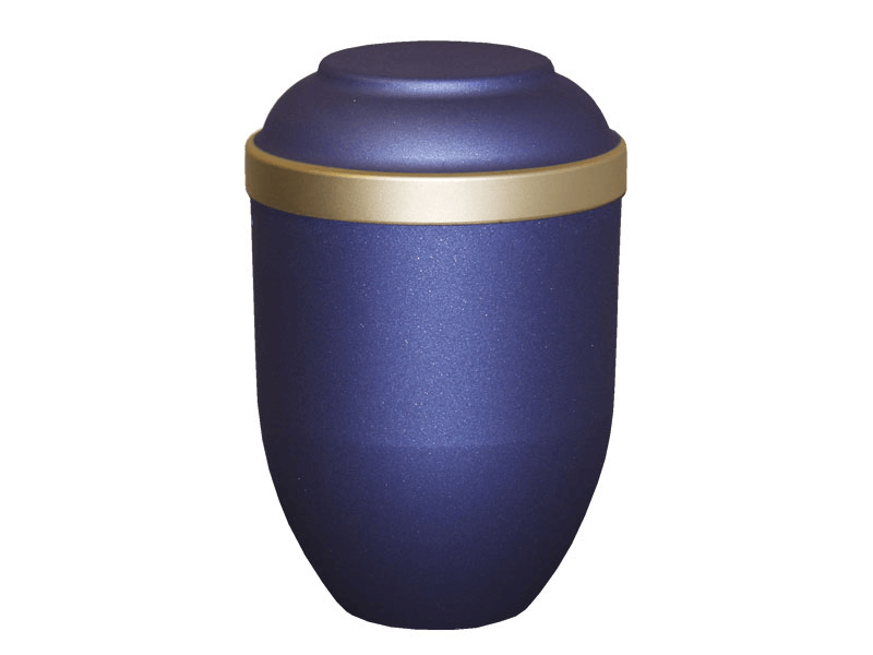 Blue urn with gold band.