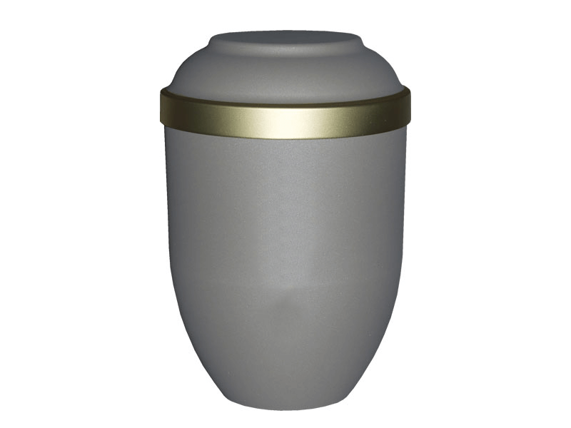 Gray urn with gold band.