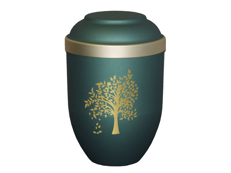 Green and gold cremation urn with a tree design.