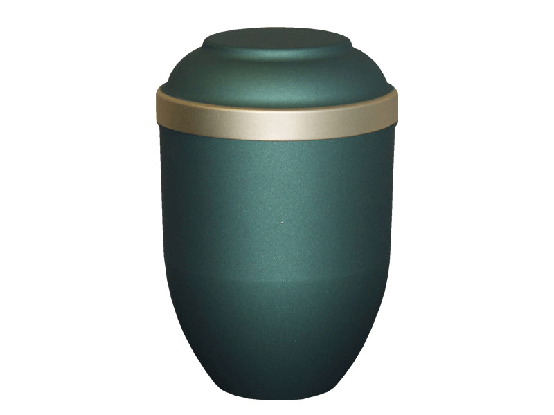 Green urn with a gold band, for storing ashes.
