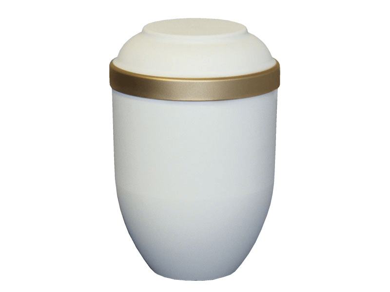 White and gold cremation urn.