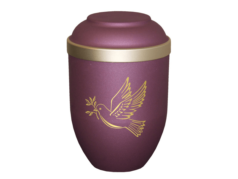 Purple urn with gold trim and a dove carrying an olive branch.