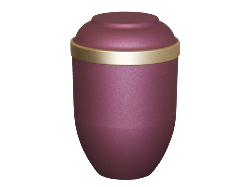 Burgundy cremation urn with a gold band.