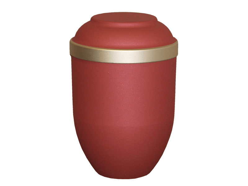 Red cremation urn with gold band.