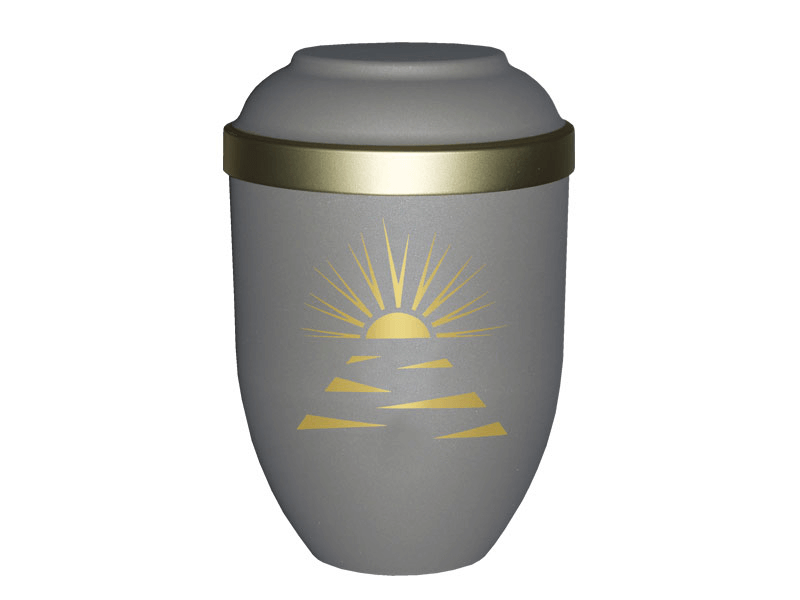 Gray urn with golden sun rising over water.