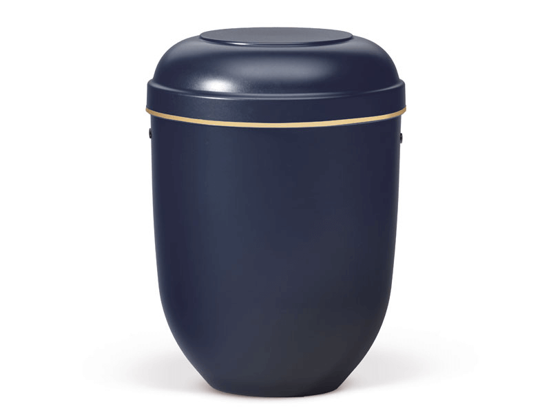 Navy blue urn with gold trim.