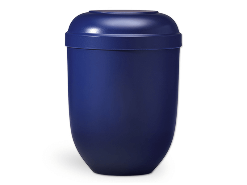 Blue urn with a rounded top and body.