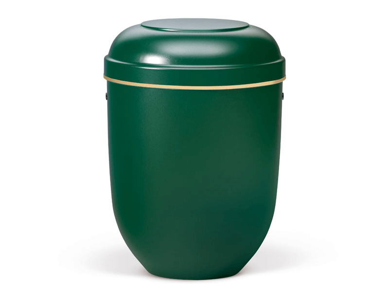 Green urn with gold trim, for ashes.