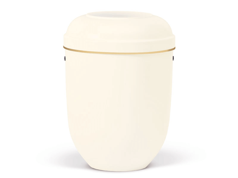 Cream-colored urn with gold trim and a rounded lid, against a white background.