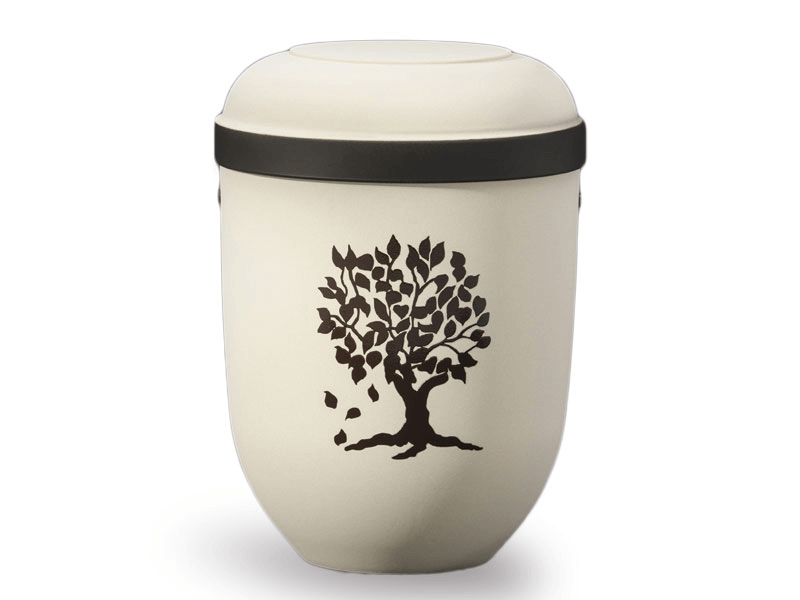 Cream-colored urn with black trim and a tree silhouette.