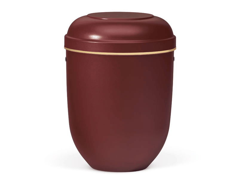 Maroon urn with gold trim, top is slightly rounded.