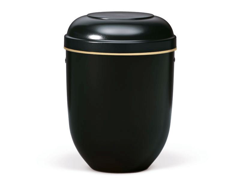 Black urn with gold trim, likely for ashes.