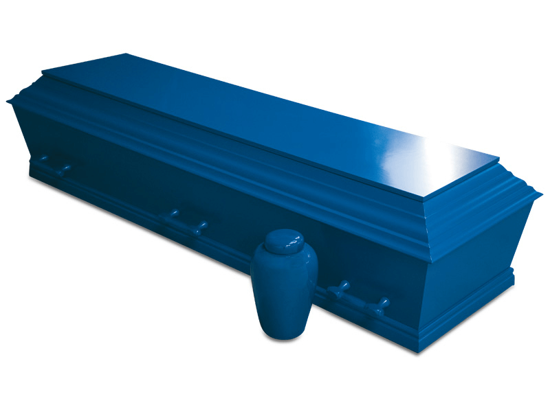 Blue coffin and urn on a white background.
